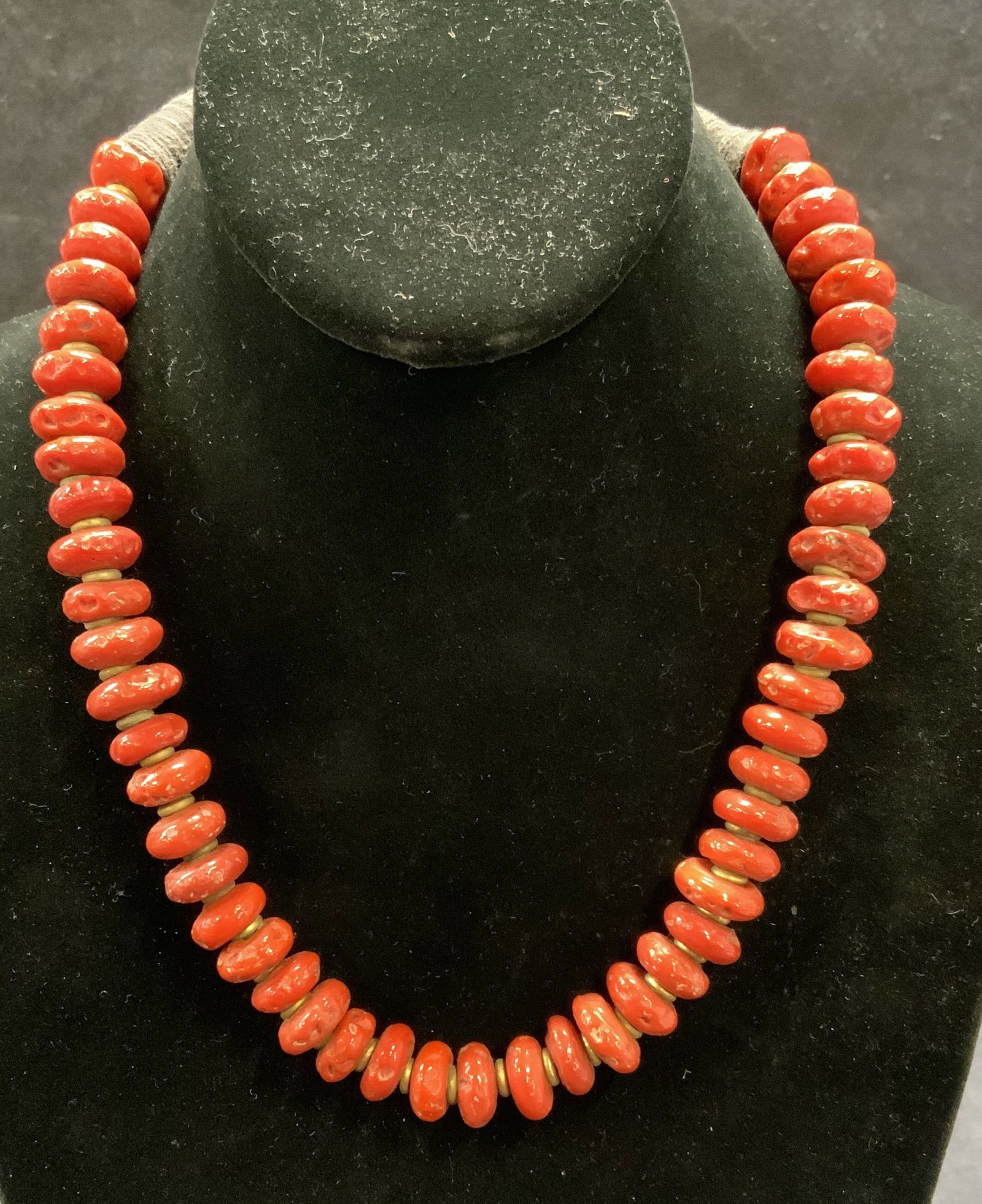 Vintage Red Coral Beaded Necklace: Vintage red coral beaded necklace with gold tone accent beads. Drop length approx. 9 inches. Some surface wear including scratching observed. Estate jewelry, costume jewelry, cocktail jewelry, fashion