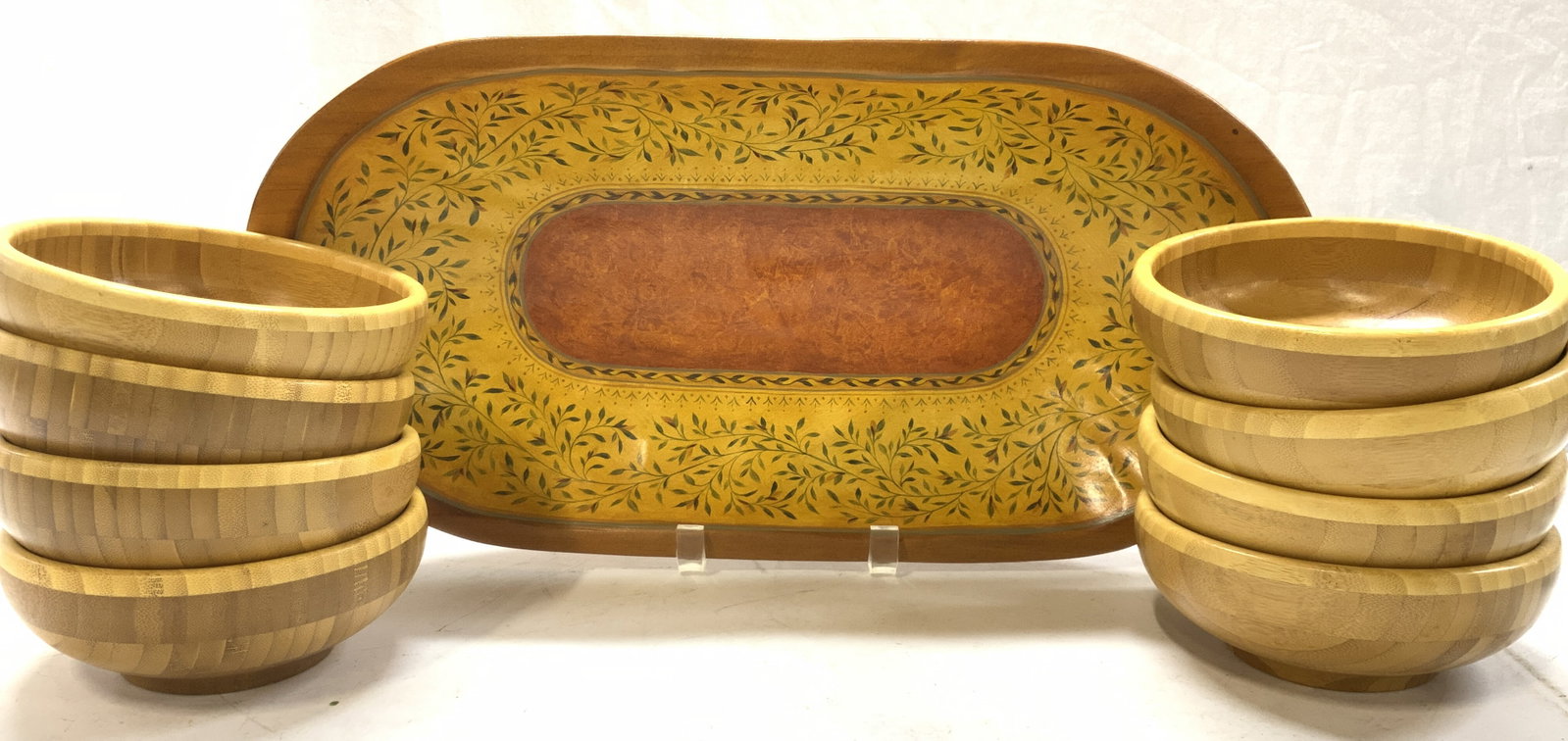 Totally Bamboo, Horowitz & Jones Wood Bowls, 9: Set 8 Totally Bamboo brand bamboo salad bowl, hallmarked. And measure 6 x 2.25 in. 1 centerpiece bowl made of wood, hand crafted and hand painted. Signed by artists S. Horowitz & A. Jones., measures 1