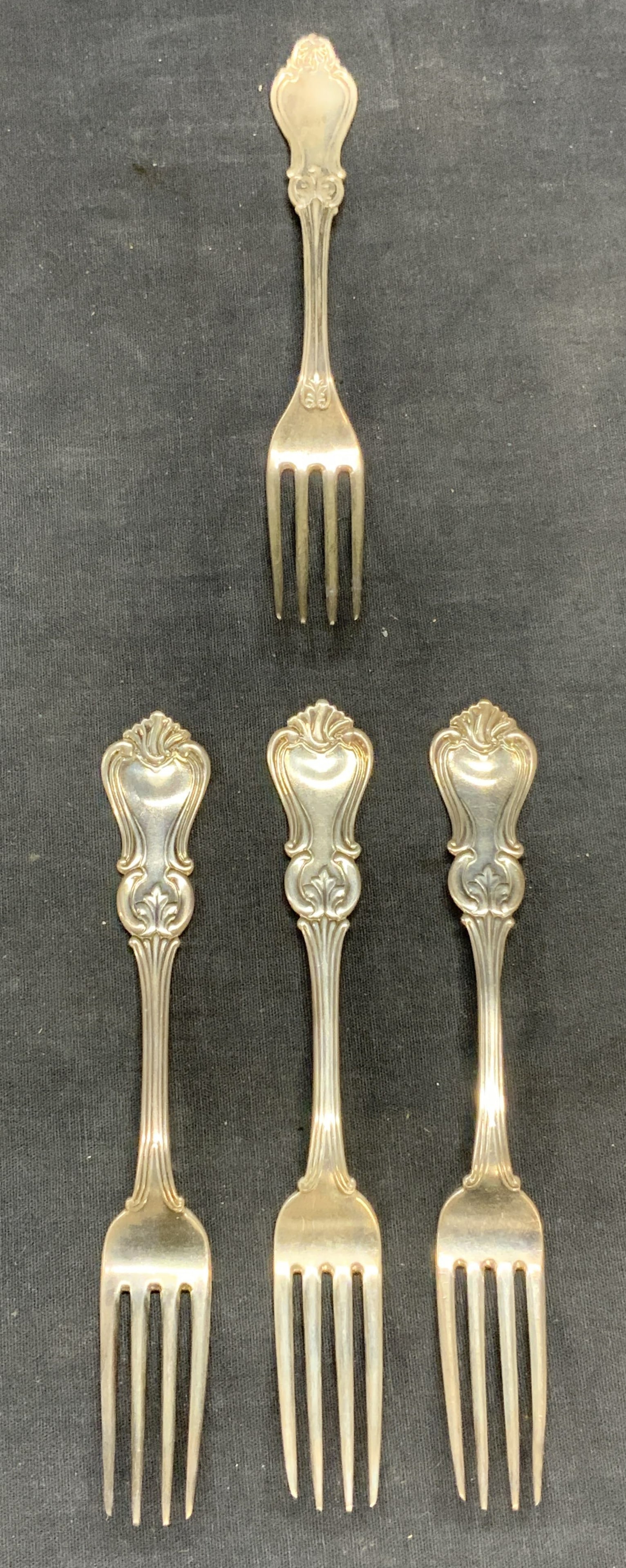 lot 4 Antq Squire & Brother Coin Silver Forks+: Set of 3 antique Squire and Brother coin silver forks. Embossed raised scroll pattern on handles. Monogram detail on handles. Trademarked to undersides. Marked Coin. Measure approx. 6.75 inches long e