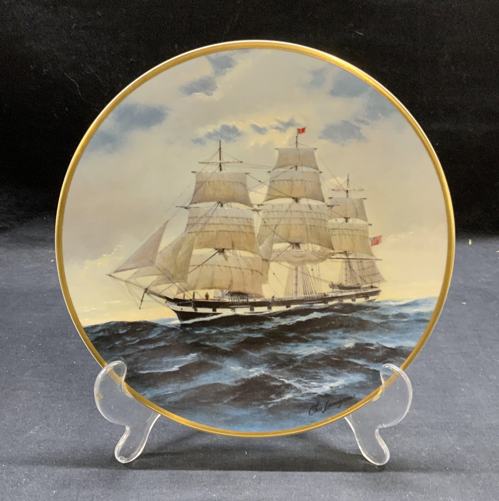 Fleetwood Collection Golden Age of Sail Plate 1981: Fleetwood Collection Charles Lundgrens Golden Age of Sail series porcelain plate. Courier pattern. Issued 1981. Measures approx. 8.25 inches diameter. Trademarked and numbered to underside. Includes c