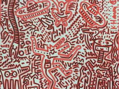 Keith Haring Graffiti Silk Screen On Paper: Marked on upper right corner K.Haring Red toned graffiti artwork depicting a dancing dog with alien space ships shooting the dog, with other smaller dogs with people inside of them. No frame.