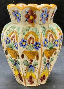Vintage White Ceramic Hand Painted Vase: Vintage white ceramic art pottery vase. Hand painted floral motif in hues of brown, blue, green, and yellow. Incised textured surface. Signed S. L. To underside. Measures approx. 6 x 8 inches.