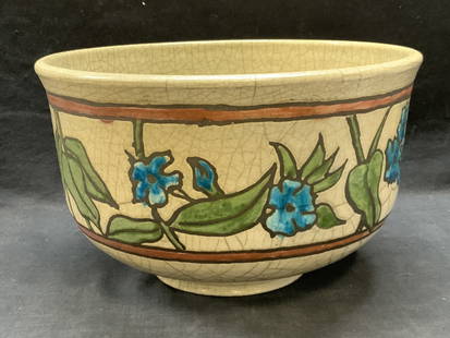 Signed Hand Painted Ceramic Floral Bowl: Signed hand painted ceramic bowl with floral motif. Hues of beige, blue, and green. Crackle glaze. Signed illegibly to underside. Measures approx. 11 x 7 inches. Ceramic bowl, floral bowl, hand