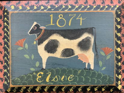 Hand Painted 1874 Elsie Cow Wooden Panel: Hand painted cow on wooden panel marked 1874, with the name Elsie Approx 9 x 12 inches Minor wearing to wood on edges and cornersFolk art, Wooden art panel art, panel wall decor, home decor, cow