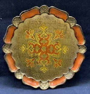 Vintage Gilt Wood Florentine Tray: Vintage gilt wooden Florentine gray in orange. Carved scroll motif. Scalloped edge. Stamped illegibly to underside. Measures approx. 9.5 inches wide. Some surface wear including scratching and