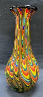 Hand Blown Rainbow Feather Pull Art Glass Vase: Hand blown multi color rainbow art glass vase with feather pull design. Thick walled glass, piece is heavy. Measures approx. 5.5 x 12.5 inches. Some surface wear including scratching observed.