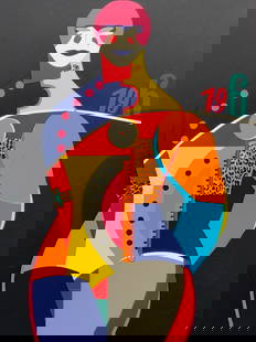 Richard Lindner 1968 Silk Screen, Multiples Inc: Marked on backside reading, silk screen from banner by Richard Lindner for multiples Inc. 1969. Depicts an abstract figure made of color blocks and patterns. Marked 1968 on side. No frame. Approx