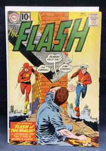 DC Comics The Flash #123, 1961 Illustrated: DC Superman National Comics The Flash issue number 123. Flash of Two Worlds. Published by DC, 1961. Illustrated in color. Measures approx. 10.25 x 7 inches. Some wear to cover, pages, and binding
