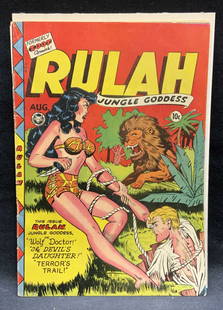 Fox Features Rulah Jungle Goddess Comic #17, 1948: Fox Features Rulah, Jungle Goddess issue number 17. Published by Fox Syndicate, 1948. Measures approx. 10.25 x 7.25 inches. Wear to cover, pages, and binding consistent with exposure. Comic book,