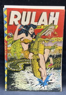 Fox Features Rulah Jungle Goddess #22, 1948: Fox Features Rulah, Jungle Goddess issue number 22. Published by Fox Syndicate, 1948. Measures approx. 10.25 x 7.25 inches. Wear to cover, pages, and binding consistent with exposure. Comic book,