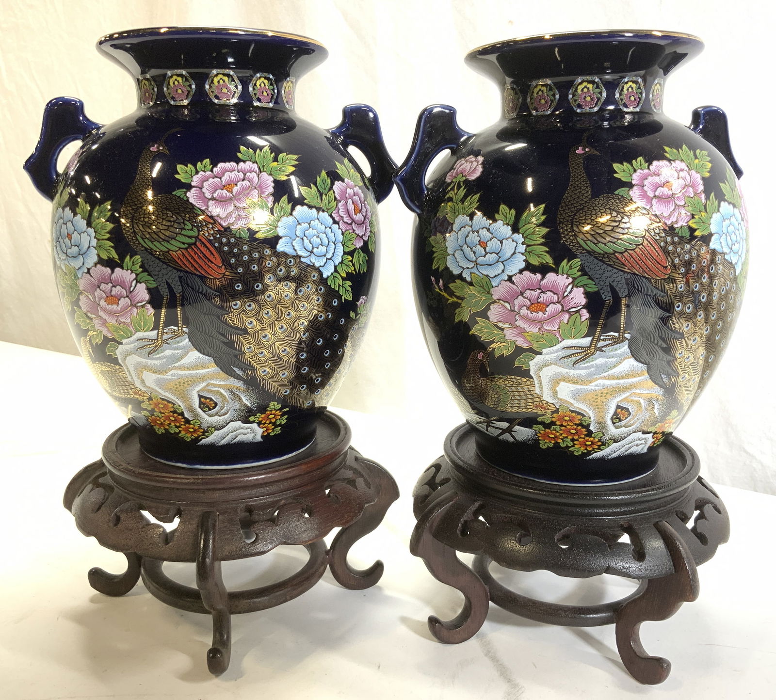 Pair Asian Peacock Porcelain Vases on Stands, 4 (1 of 9)