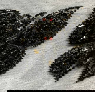 Vintage Weiss Black Crystal Butterfly Brooch: Vintage Weiss black crystal decorated butterfly motif brooch. Signed to underside. Hinge pin to underside. Measures approx. 2.25 x 2.25 inches. Some surface wear including scratching observed.