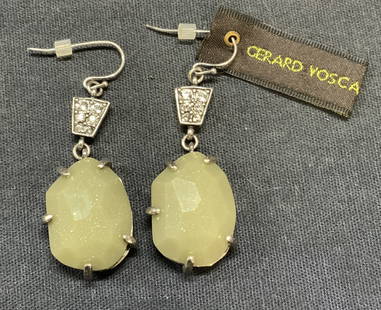 Gerard Yosca Green Crystal Earrings NWT: Gerard Yosca silver tone green and colorless crystal dangle earrings. Signed to underside. Hook backing. New with tag. Measure approx. 1.5 inches long. Some surface wear including scratching