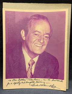 Hubert H Humphrey Autographed Photograph: Hubert H. Humphrey signed photograph. Personally inscribed and signed to lower right. Paper measures approx. 10 x 8 inches. Some wear to paper consistent with exposure. Hubert Horatio Humphrey Jr.