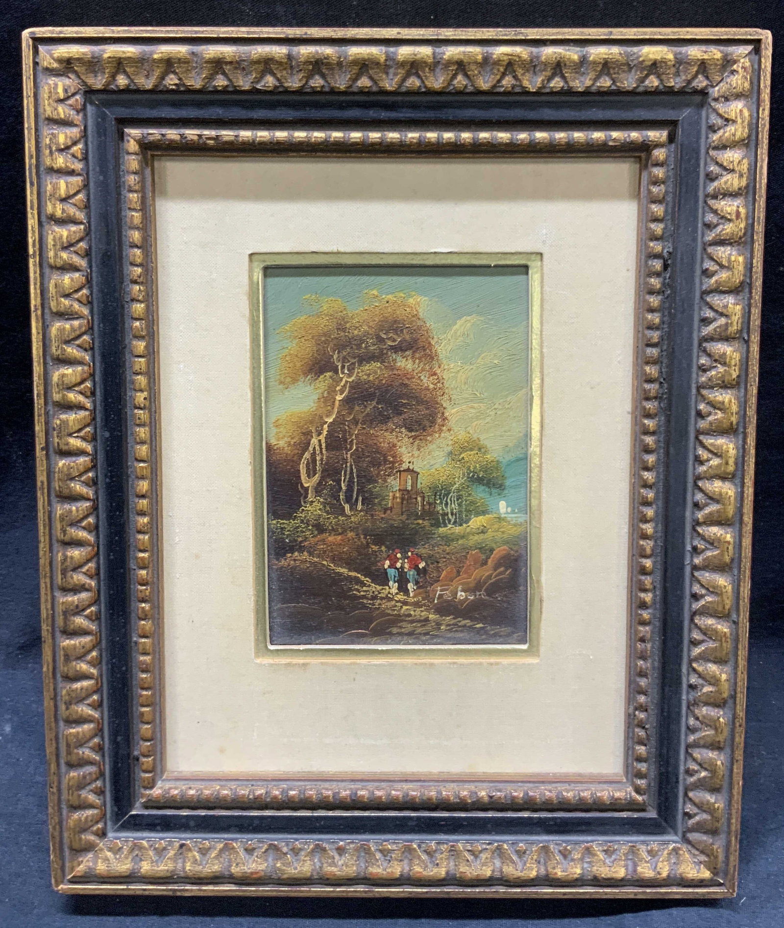 Febore Sgd Landscape Vtg Oil Painting: Signed on lower right corner, possibly reads Febore. Depicts a vast nature landscape with two men walking the path to a building in the distance Framed in a gold leafed wooden frame with carvings on i