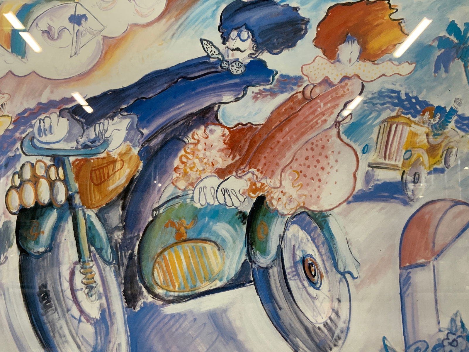 Michael Boulet Sgd Modernist Lithograph: Signed on lower right corner in graphite, M, Boulet Copyright Michael Boulet. Depicts a man and a woman on a motorcycle. Framed in a silver toned metal frame with blue mat board. Approx 17 x 20 inches