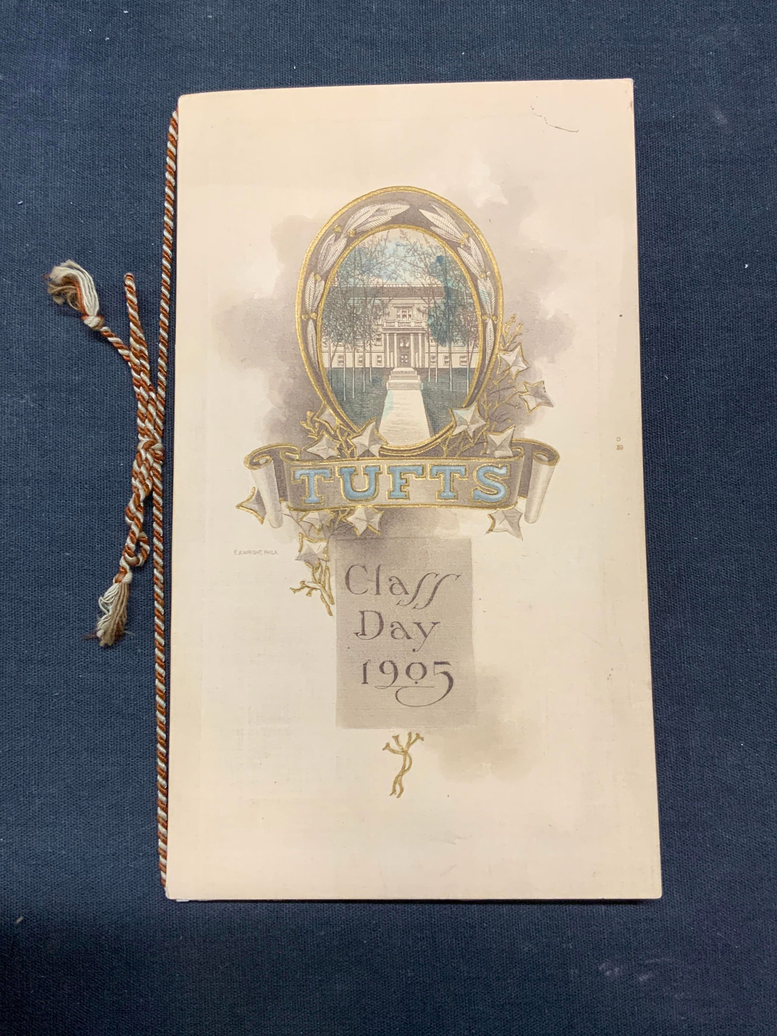 Antique 1905 Tufts College Class Day Booklet: Antique 1905 Tufts College Class Day booklet. Contains class roll call, program of commencement events, chapel exercises, and illustrations. Appears to be hand colored and gilt intaglio etching on cov