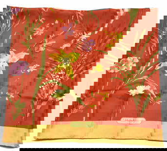 Salvatore FERRAGAMO Botanical Silk Scarf, Italy: Signed Salvatore FERRAGAMO Silk Twill scarf, hand rolled edges. Made in Italy. 34.25 x 33.75 in. Brilliant colors. Border is a pumpkin orange, and center is a blood orange colors., Spring