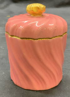 Vintage Coalport Gilt Pink Porcelain Box, England: Vintage Coalport porcelain lidded box in pink with gilt decoration. Swirled raised detail. Trademarked to underside. Made in England. Measures approx. 2.5 x 3.5 inches. Some surface wear