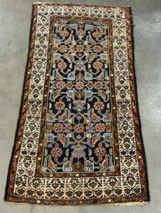 Vintage Persian Malayer Area Rug: A vintage Persian Malayer are rug. Primarily cream, brown, rust, orange, pink, and blue hues. Florals, geometric shapes, and foliage throughout the design. Appears to be crafted from wool.