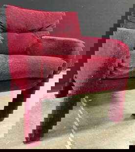 DESIGN BY DIRECTIONAL MCM Uph Armchair: Tag underneath cushion reads DESIGN BY DIRECTIONAL. possibly Milo Baughman design. Piece is Upholstered in maroon toned fabric appears to be crushed velvet. Chair has waterfall style armrests.