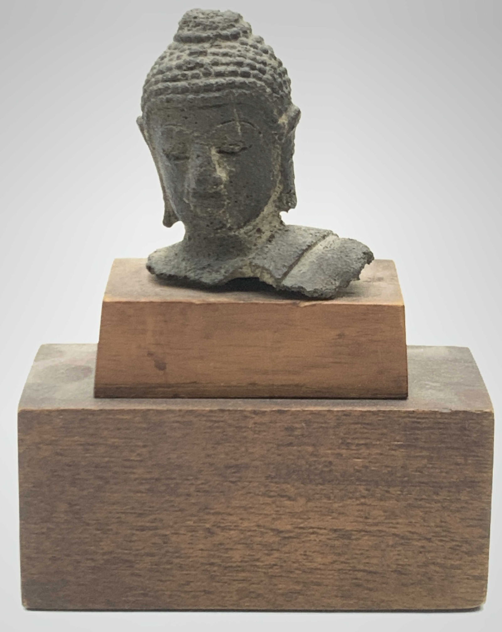 Antique Bronze Buddha Head On Stand (1 of 8)