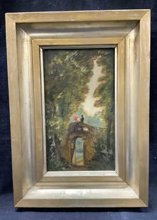 ARNO NAUMANN Sgd Antique Oil Painting: Signed on verso, Arno Naumann, possibly titled The Castle Park, written in Czech Depicts a man and woman on an arched bridge amongst trees. Framed in gold leafed wooden frame. Approximately 14.4 x