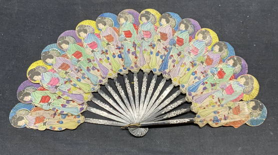 Vintage Hand Painted Japanese Figural Fan: Vintage hand painted Japanese fan. Figure of women wear kimonos in bright hues of purple, green, yellow, and red. Paper and plastic. Measures approx. 15 inches wide. Some wear to paper and