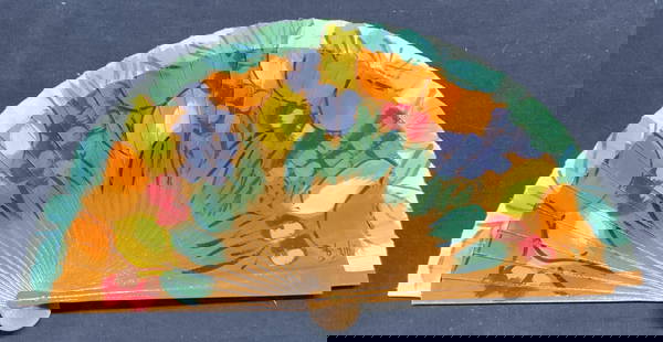 Vintage Signed Hand Painted Fruit Motif Fan: Vintage signed hand painted fan with fruit motif. Wood and fabric. Signed illegibly on lower right. Measures approx. 16 inches wide. Some wear to materials and loss to paint observed. Fan,