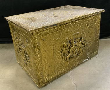 Antique Hammered Brass Kindling / Tinder Box: Antique, possibly vintage, Hammered Brass Kindling Coal Box / Tinder Box. Brass panels depicting tavern scenes to the sides. Black wood interior, reverse, and underside. Hinged lid. Measures