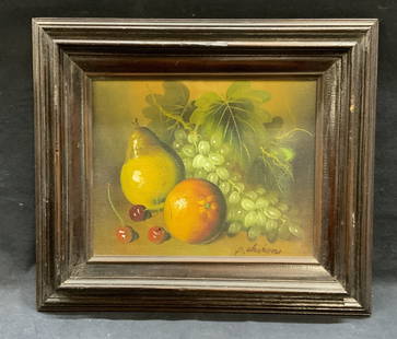 Signed P Chiron Still Life Oil Painting: Signed P. Chiron still life oil painting. Signed to lower right. Subject depicts pear, orange, cherries, and grapes in green, orange and red. Framed in dark wood frame. Measures approx. 12.75 x