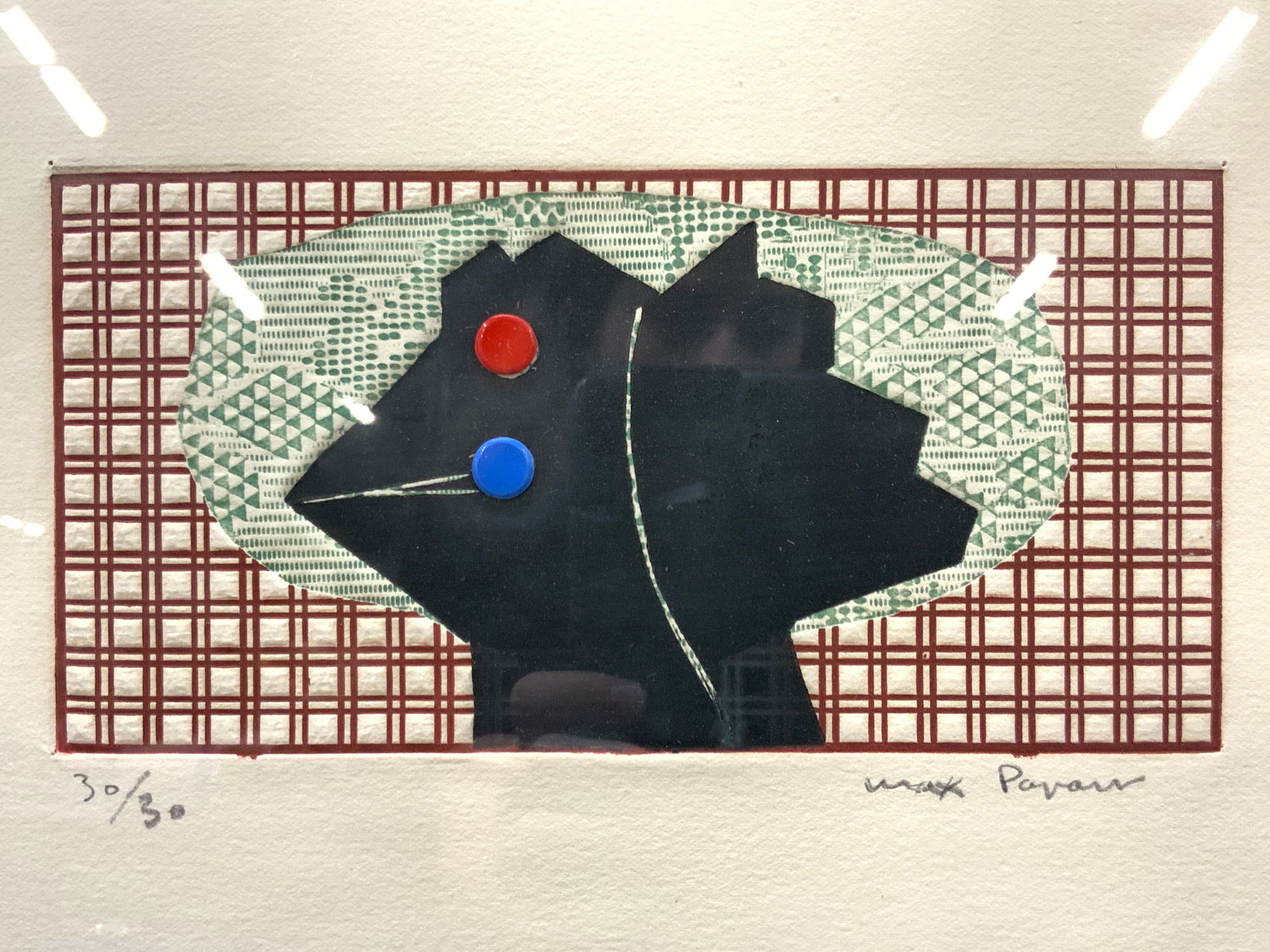 Max Papart Sgd Les Normands Block Etching: Signed on lower right corner in graphite. Max Papart, 30/30. Stamped on lower left corner A.C. Depicts a black figure in the center of green and red checkered blocking Framed in a silver toned metal f