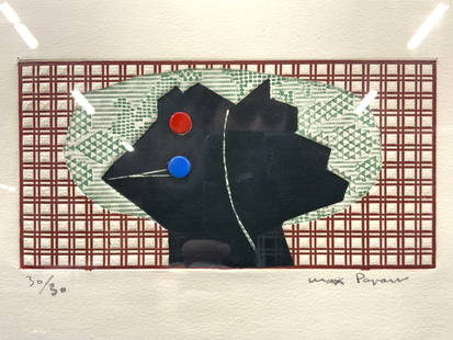 Max Papart Sgd Les Normands Block Etching: Signed on lower right corner in graphite. Max Papart, 30/30. Stamped on lower left corner A.C. Depicts a black figure in the center of green and red checkered blocking Framed in a silver toned