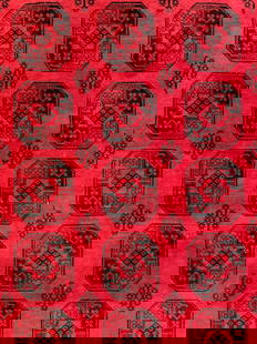 Vintage Handmade Afghan Turkmen Rm Sz Rug: Rug is vintage. Piece is handmade and wool. Rug has intricate black & red toned geometric detail. Piece has cream toned fringes at edges. Rug measures approximately 120 inches long with fringes,