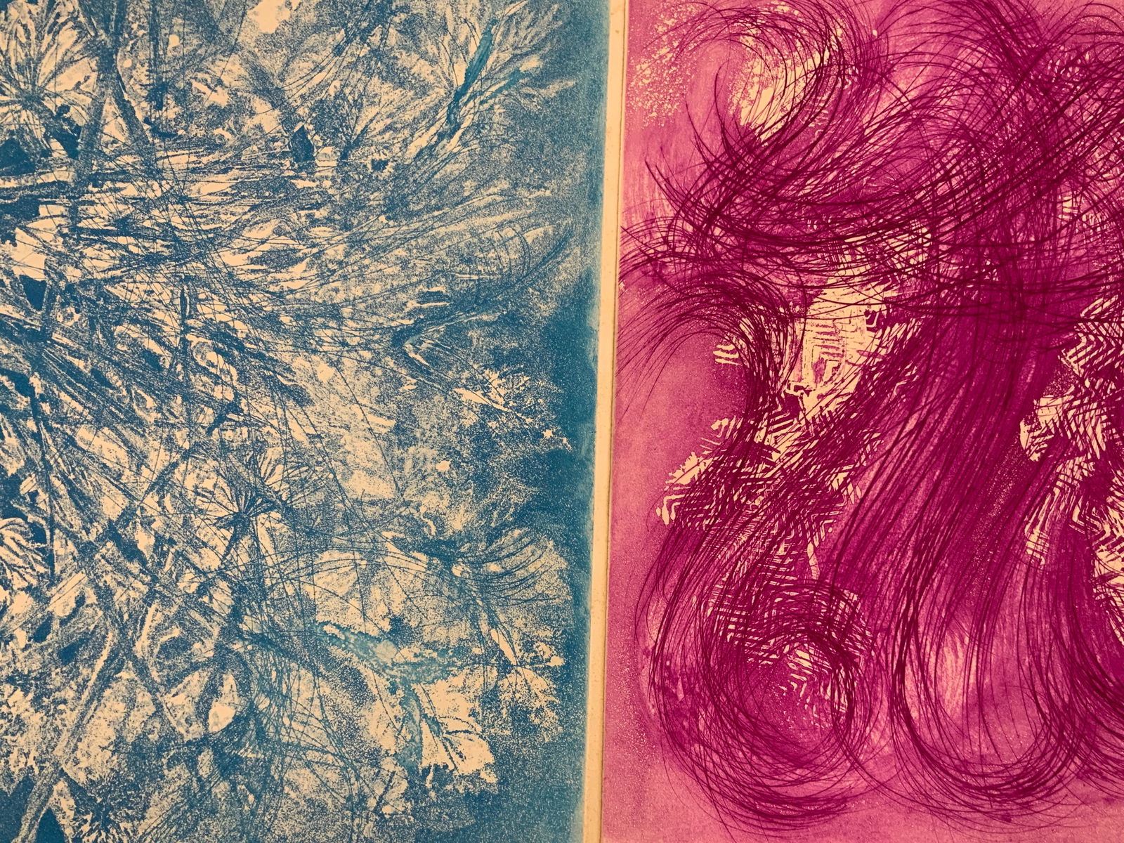 2 Jean Messagier Sgd Aqua Tints: Lot of 2 aqua tints, both signed by Jean Messagier in graphite on margins. 1 pink tint marked on margin Les Mangeurs de vent. 30/300 The other blue tint is marked spring Machine, marked on corner E.A.