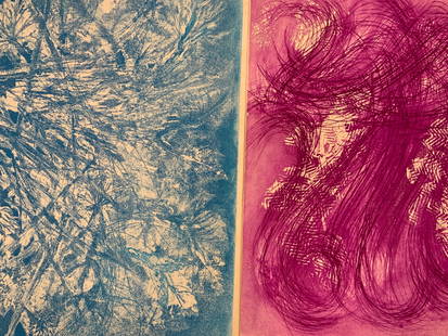 2 Jean Messagier Sgd Aqua Tints: Lot of 2 aqua tints, both signed by Jean Messagier in graphite on margins. 1 pink tint marked on margin Les Mangeurs de vent. 30/300 The other blue tint is marked spring Machine, marked on corner
