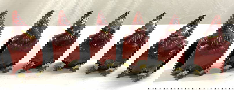 Set 6 H Painted Lacquered Woodpecker Napkin Rings: Lot includes 6 Napkin rings. Each napkin ring is hand painted and lacquered. Each piece has wood pecker form. Napkin rings each have black, red, slate and white tones. Each piece measures approx