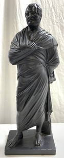 SOPHOCLES Mixed Material Male Statuary: Statuary depicts male figure Greek Tragedian Sophocles. Appears to be Concrete possibly composite. Piece is black toned with rectangular shaped base. Piece measures approx 24.25 inches tall 8.75