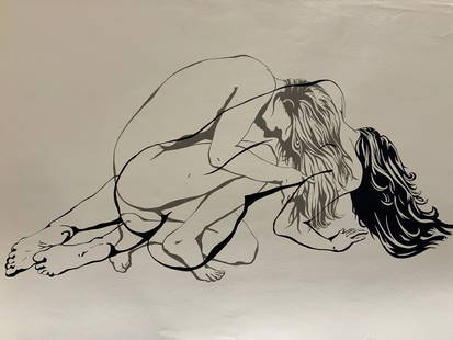 Sgd Numbered Female Nude Figural Serigraph: Signed on lower right corner in graphite, figure rising 21/200 Artist signature possibly reads D.Caury. Depicts two images of a nude woman laying on the ground and kneeling overlapping each other.