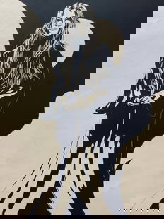 Sgd & Numbered Twilight Figural Serigraph: Signed on margin in graphite, twilight, artist signature illegible. 167/200 Depicts a tall figure of a woman in black and white in a long gown. No frame. Approx 26 x 40 inches. Moderate creasing to