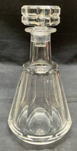 Baccarat Crystal Talleyrand Decanter, France: Baccarat cut crystal decanter. Talleyrand pattern. Signed to underside. Made in France. Thick walled crystal, piece has weight. Measures approx. 5 x 7.5 inches excluding stopper. Some surface