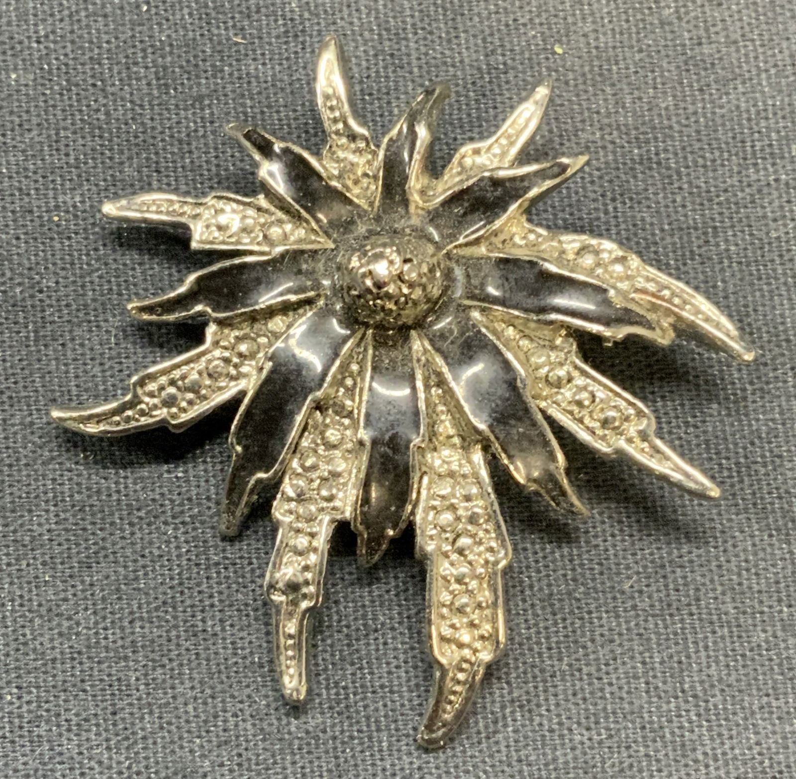 Vintage Silver Tone Black Enamel Flower Brooch (1 of 6)