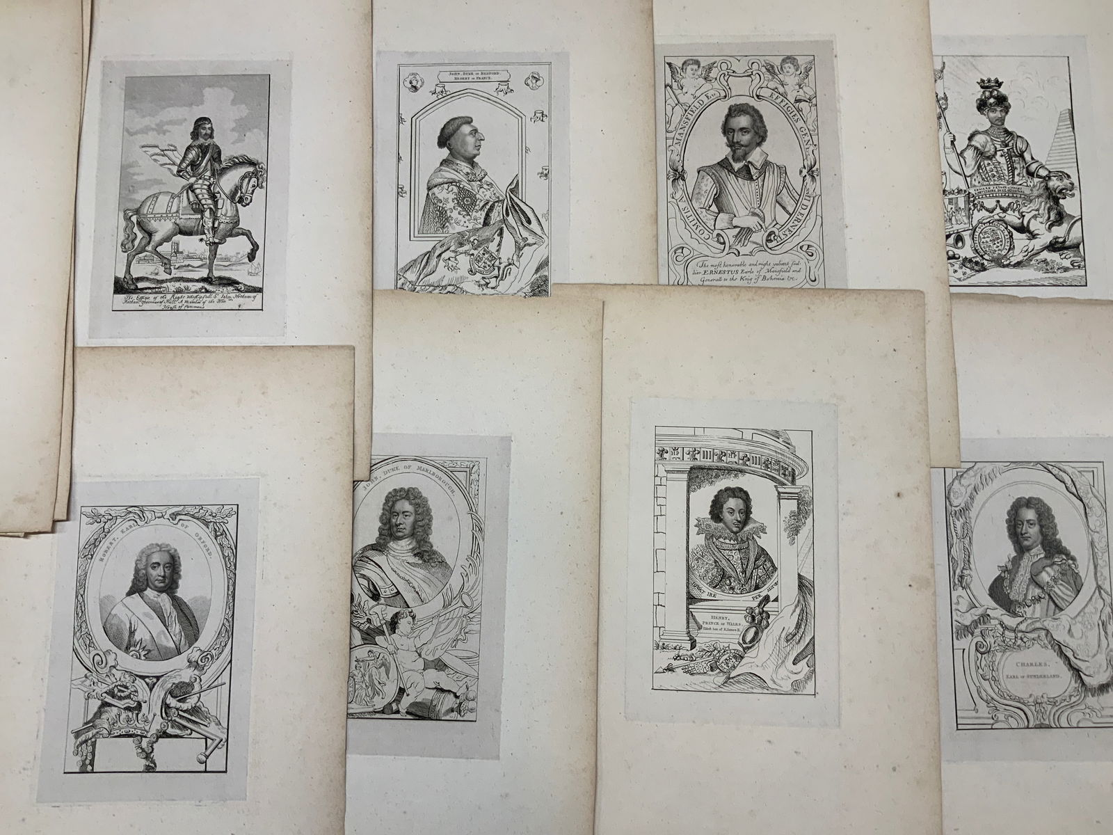 Set 12 Antq Portrait Engravings: Lot of 12 Antique plate Engraving portraits of various political and military officials. From Edward, Prince of Wales, John Duke of Marlborough, Henry prince of Wales. John, Duke of Argyle and Greenwi