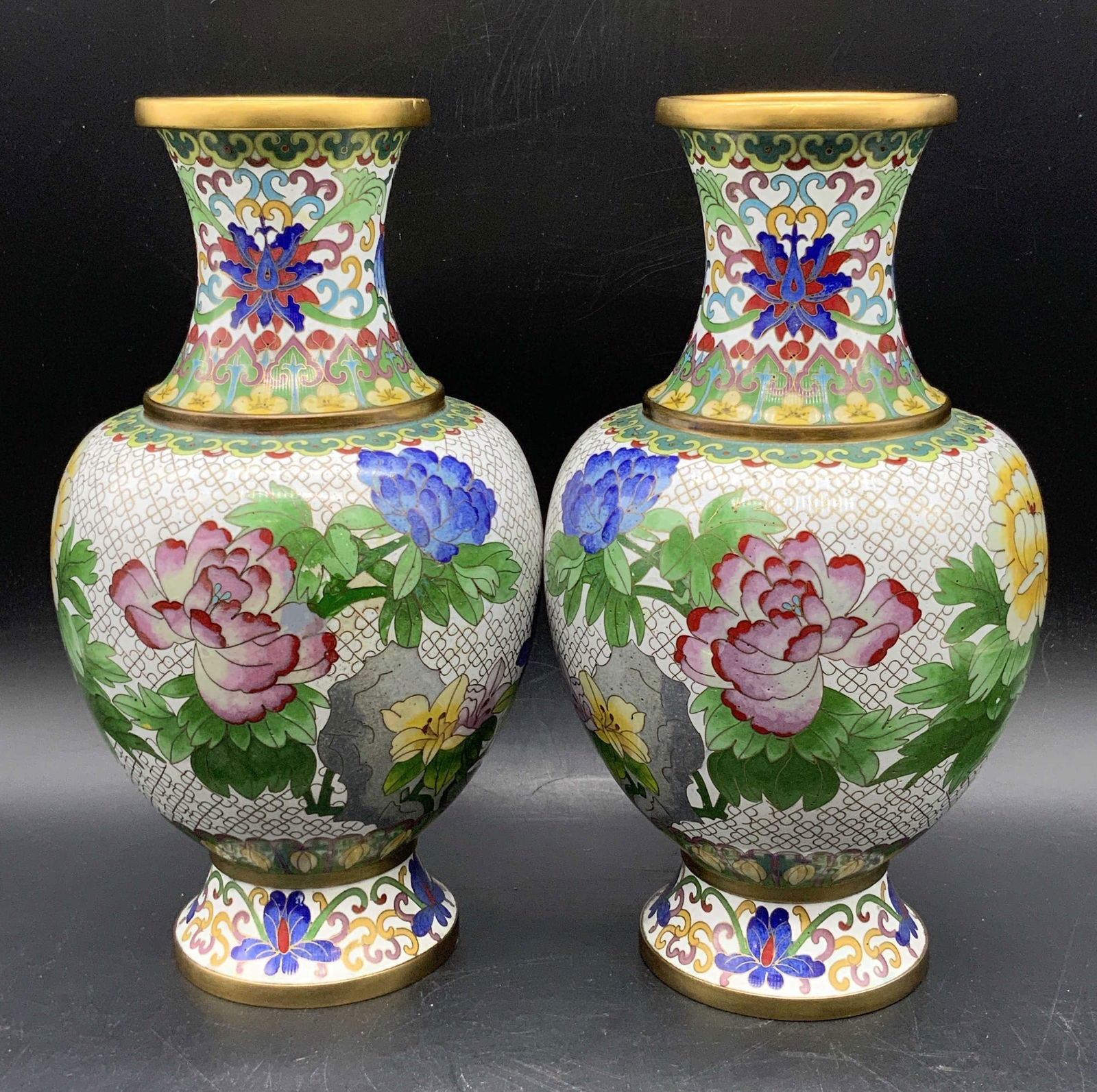 Pair Vintage Asian Cloisonne Floral & Bird Vases (1 of 9)