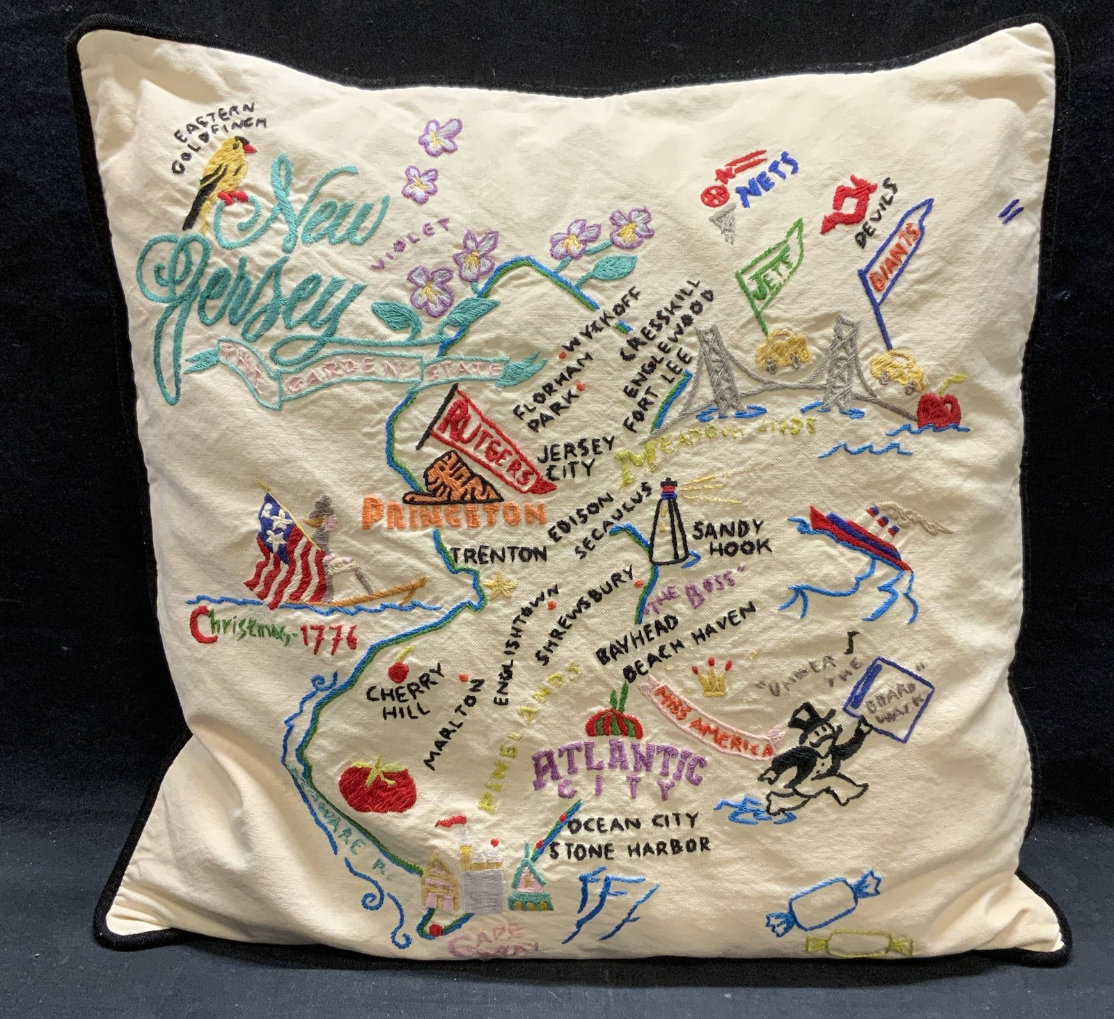Cat Studio New Jersey Motif Embroidered Pillow: Fat Studio New Jersey motif embroidered pillowcase with pillow. Measures approx. 17.5 x 17.5 inches. Hand embroidered. 100% cotton. Some wear to material consistent with exposure. Cat studio, cat stud