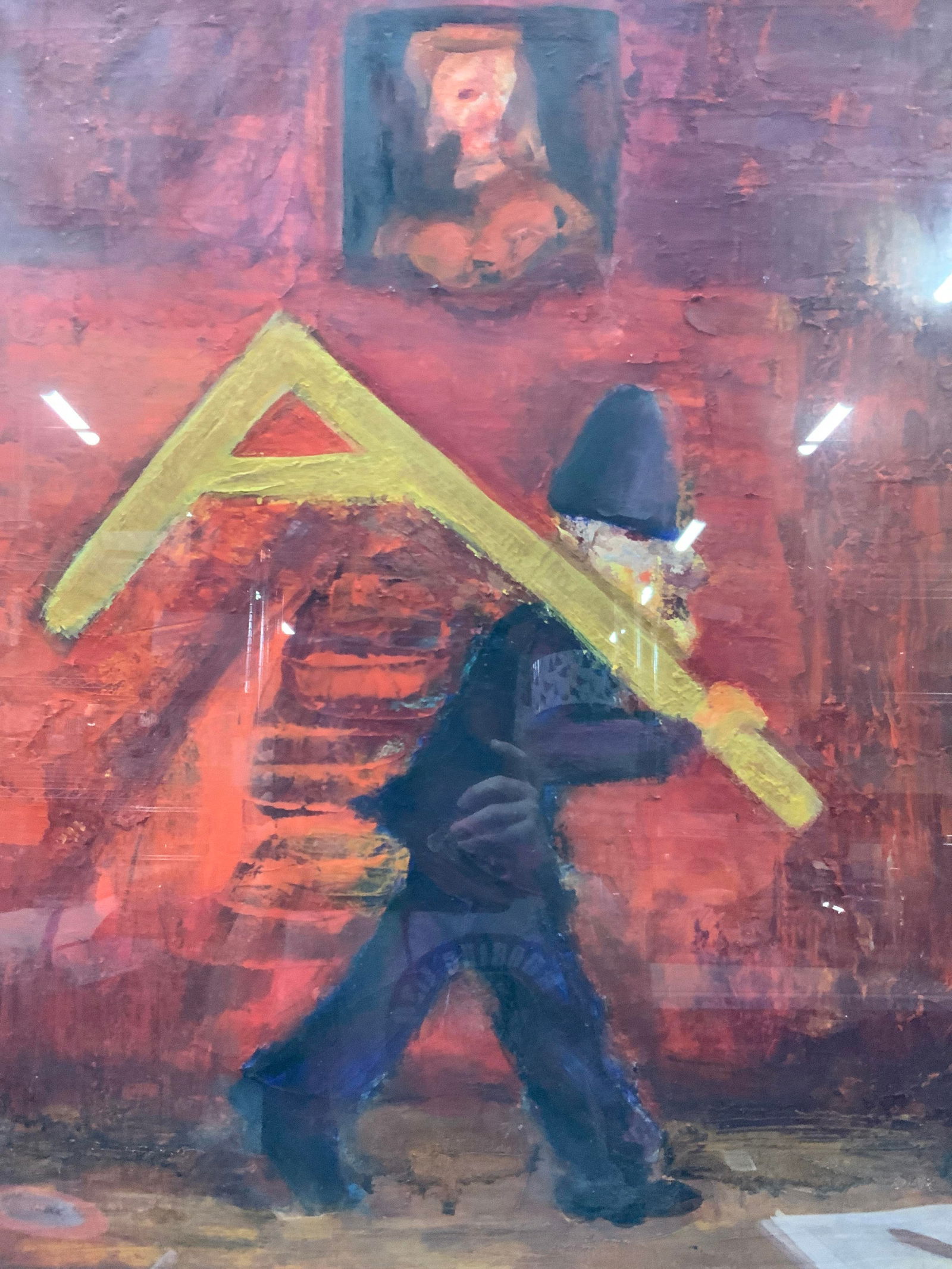 Bob Dixon Ketch Coming Oil On Canvas 36in: Signed on backside of canvas, Bob Dixon, titled Jack Ketch coming. Oil on canvas. Depicting a police man holding a gold T tool over his shoulder Framed in a black wooden frame with gold leafed inner f