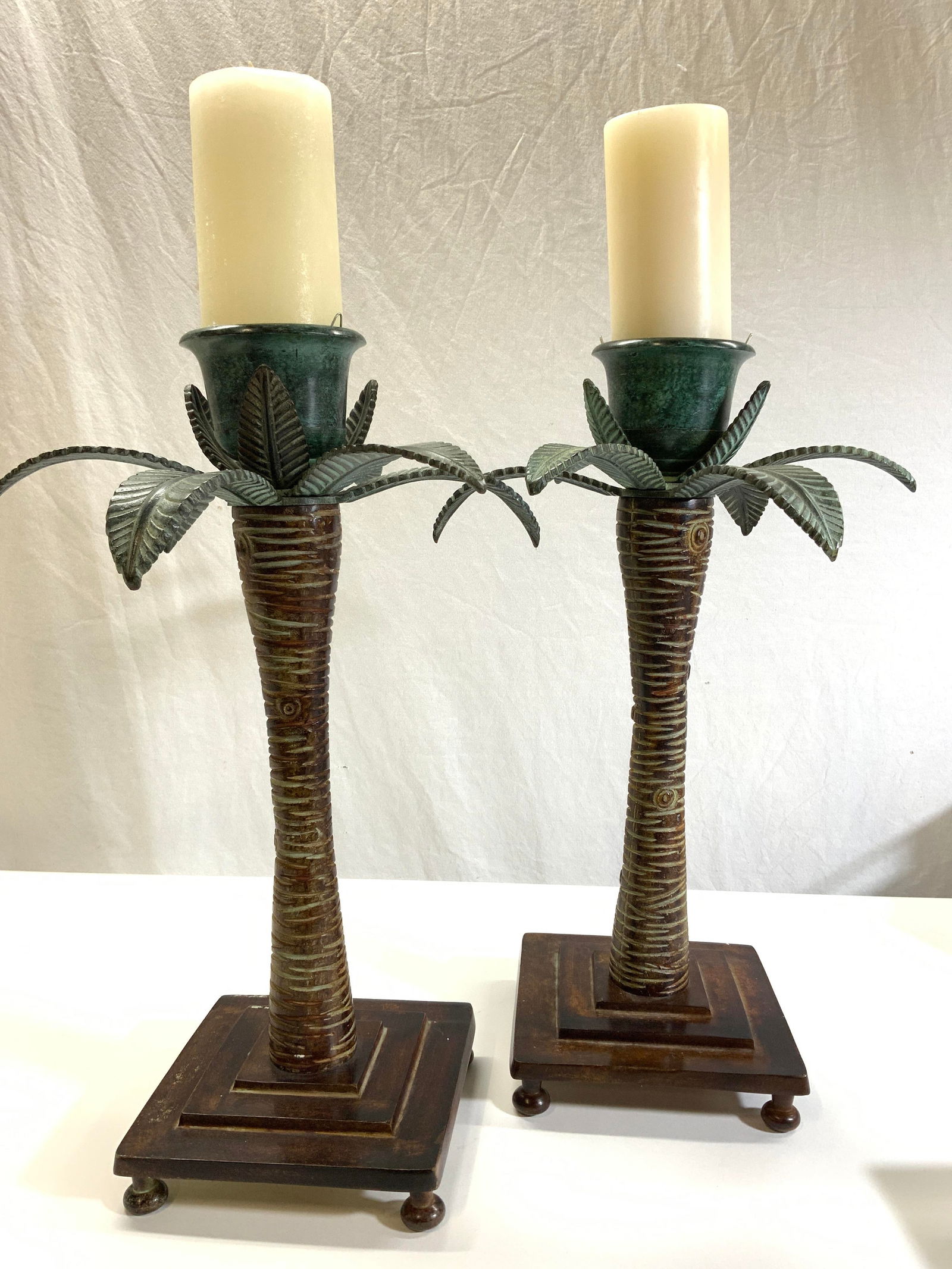 Pair Heavy Painted Metal Palm Tree Candle Holders (1 of 10)
