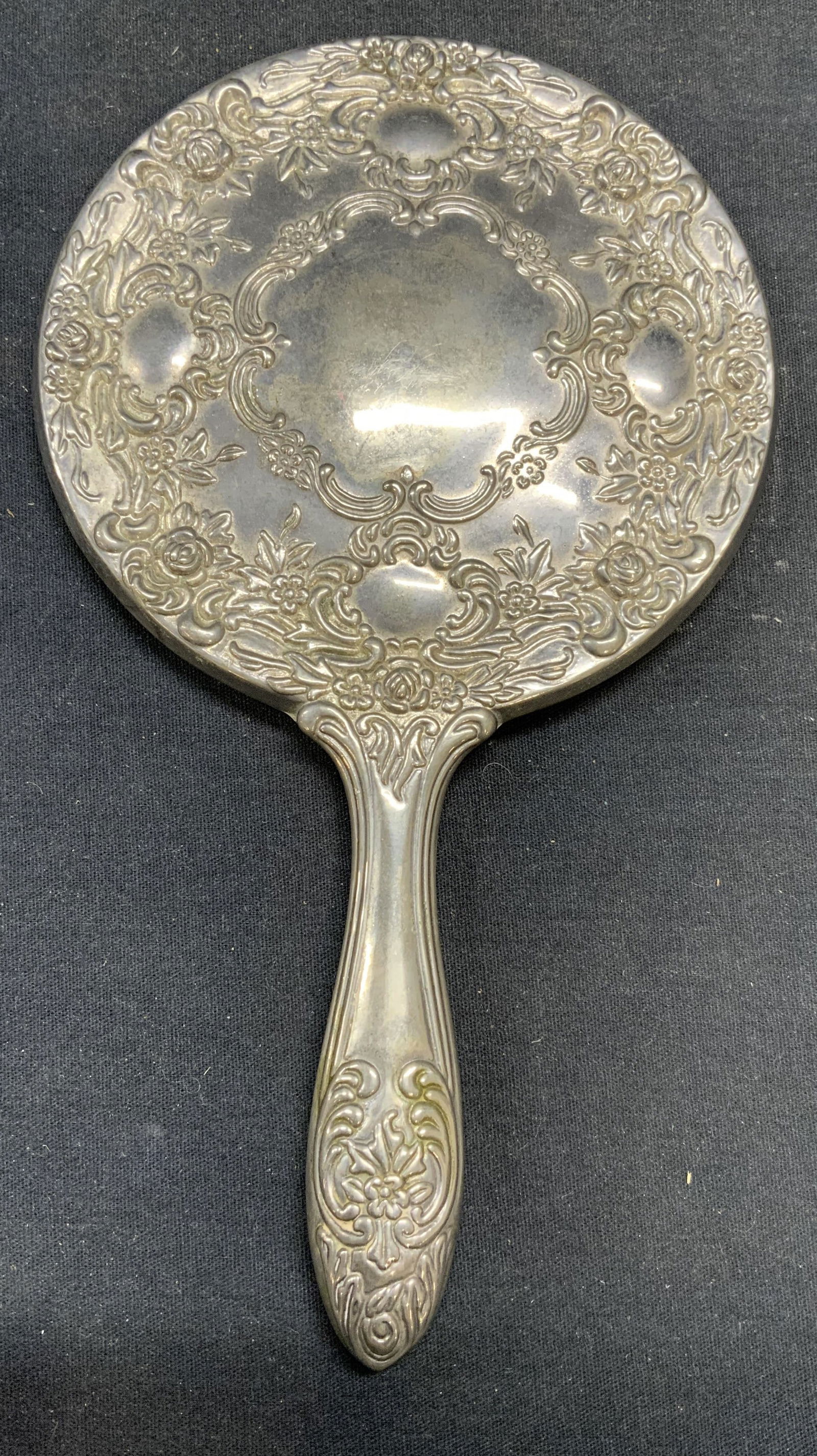 Vintage Silver Tone Repousse Hand Mirror (1 of 6)