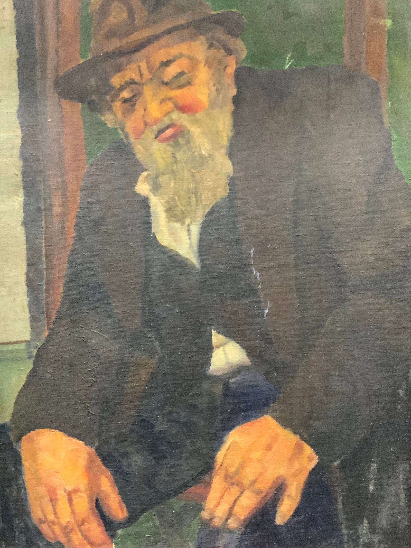 Vtg Elderly Man Portrait Oil Painting: Vintage oil painting on board of an older man seated with a beard, in a vest and jacket. Framed in a red toned wooden frame, approx,25 x 21 inches window measures 19 x 15 inches. Moderate wearing and 