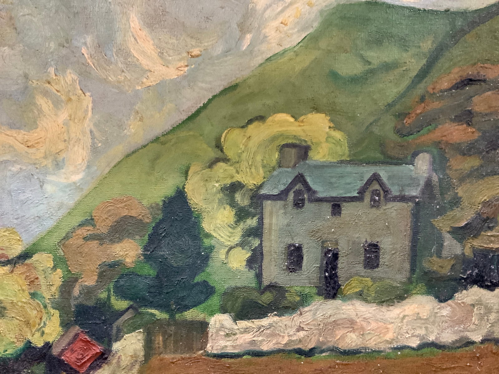 Vtg Sgd Folk Art Landscape Oil Painting: Vintage landscape folk art painting of a house on a hill, signed on backside Cottage in Wales, possibly signed Hitchings Framed in an orange toned wooden frame, approx 17 x 21 inches window measures 1